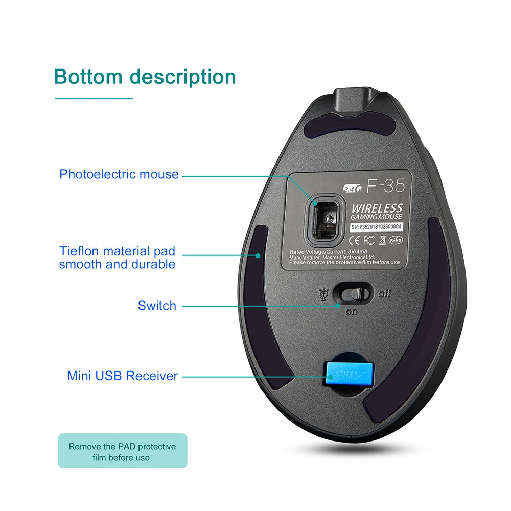Ratón Inalámbrico Lefon F35, Ratón Ergonómico Vertical Recargable, Ratón Óptico De 2400 DPI Para Juegos, Ordenador Portátil, PC, Mac IOS
