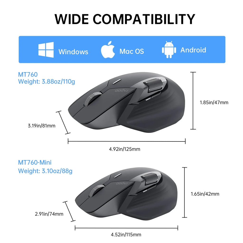 MT760L/MT760M Multi-Mode Rechargeable Wireless Mouse Ergonomic 4000 DPI Support up to 4 Devices Bluetooth Mouse