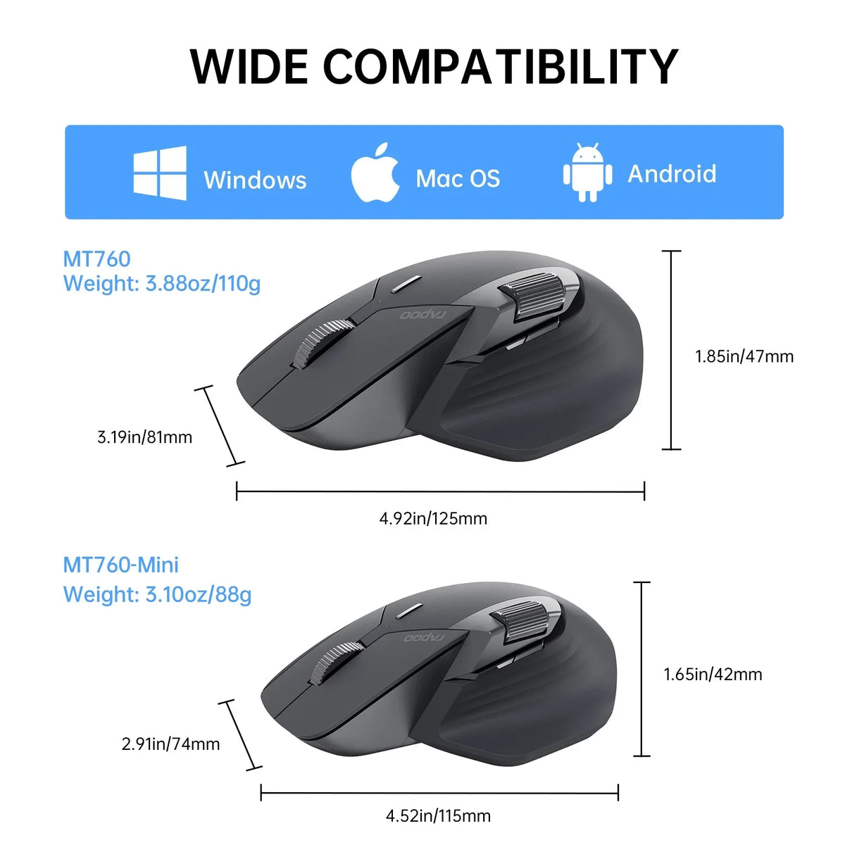 MT760L/MT760M Multi-Mode Rechargeable Wireless Mouse Ergonomic 4000 DPI Support up to 4 Devices Bluetooth Mouse