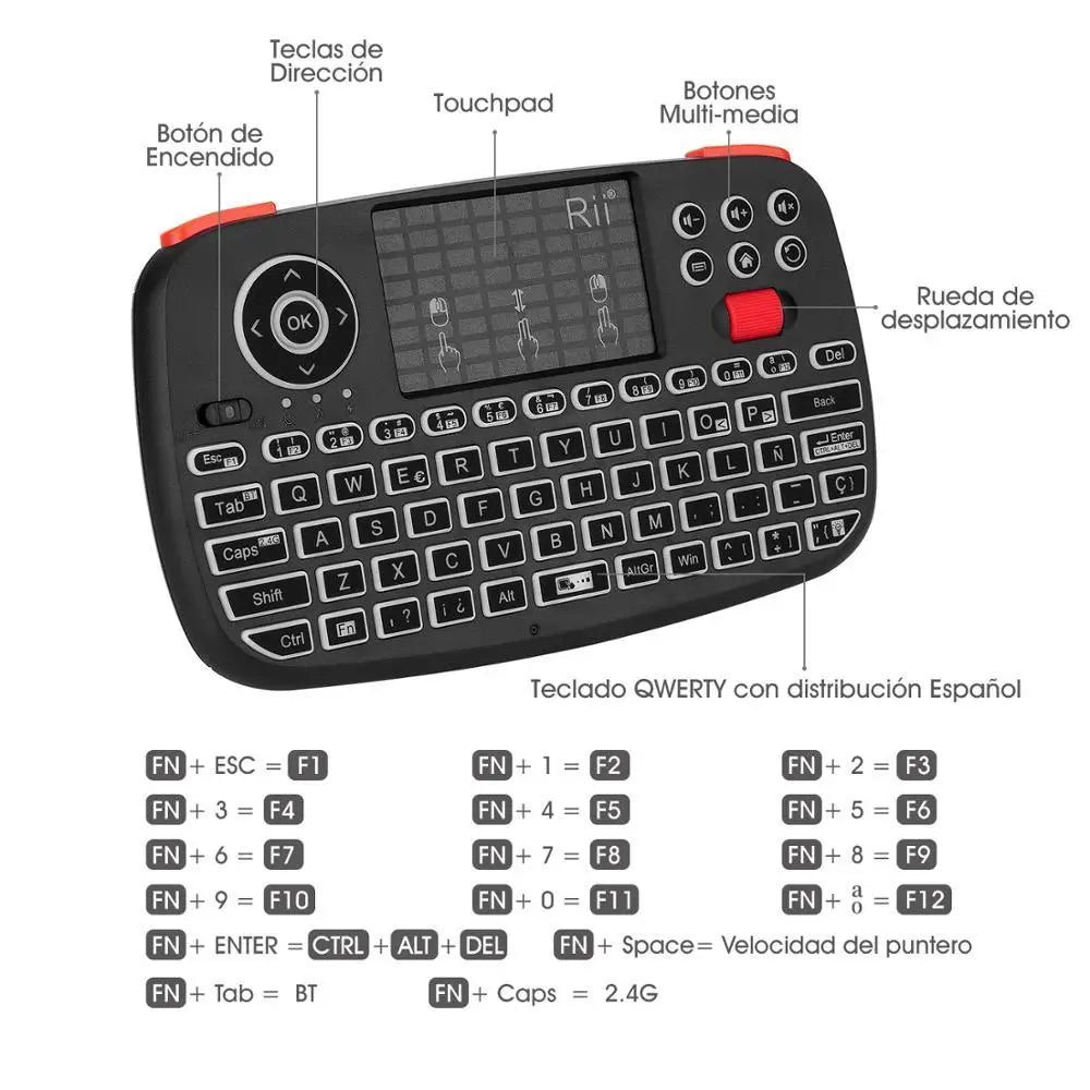 Rii I4 Mini Bluetooth & Wireless 2.4 Ghz Teclado Inalámbrico Retroiluminado, QWERTY Español, Para Ios, Android,Windowstv Box Smart TV