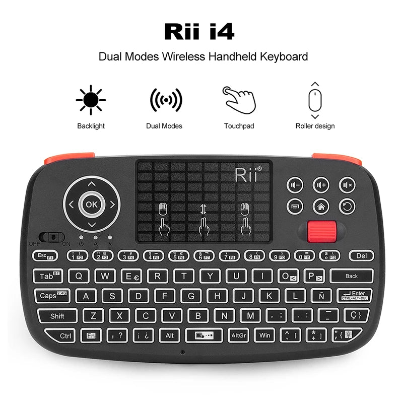 Rii I4 Mini Bluetooth & Wireless 2.4 Ghz Teclado Inalámbrico Retroiluminado, QWERTY Español, Para Ios, Android,Windowstv Box Smart TV